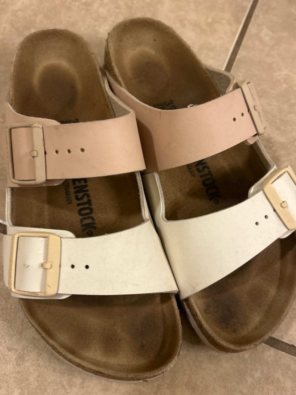 Birkenstock 38 Two-Strap Sandals in Pink and White